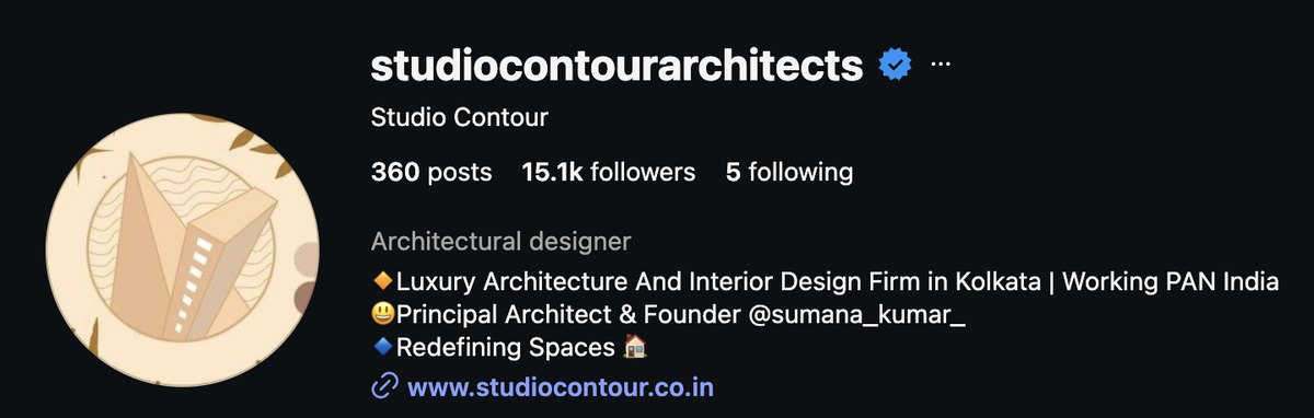 Instagram profile of studiocontourarchitects, verified, 15.1k followers