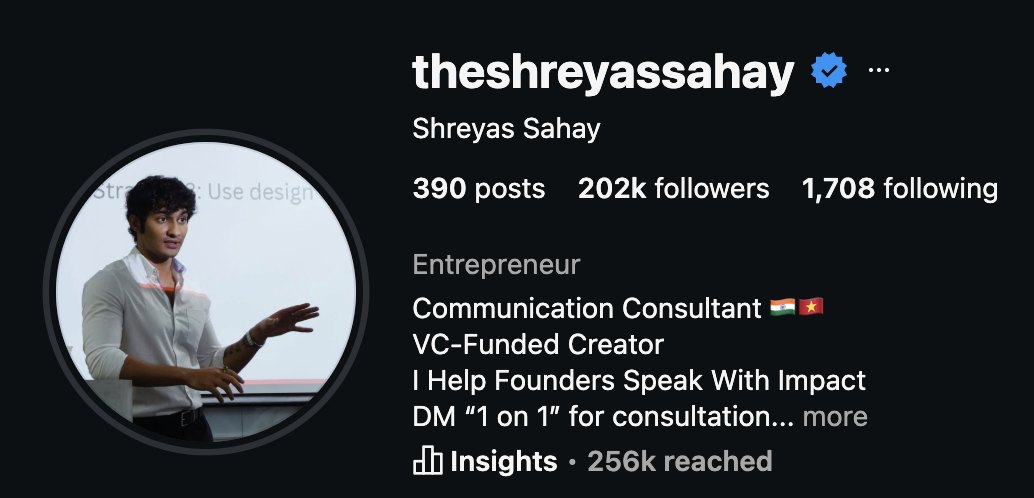 Instagram profile of theshreyassahay, verified, 202k followers