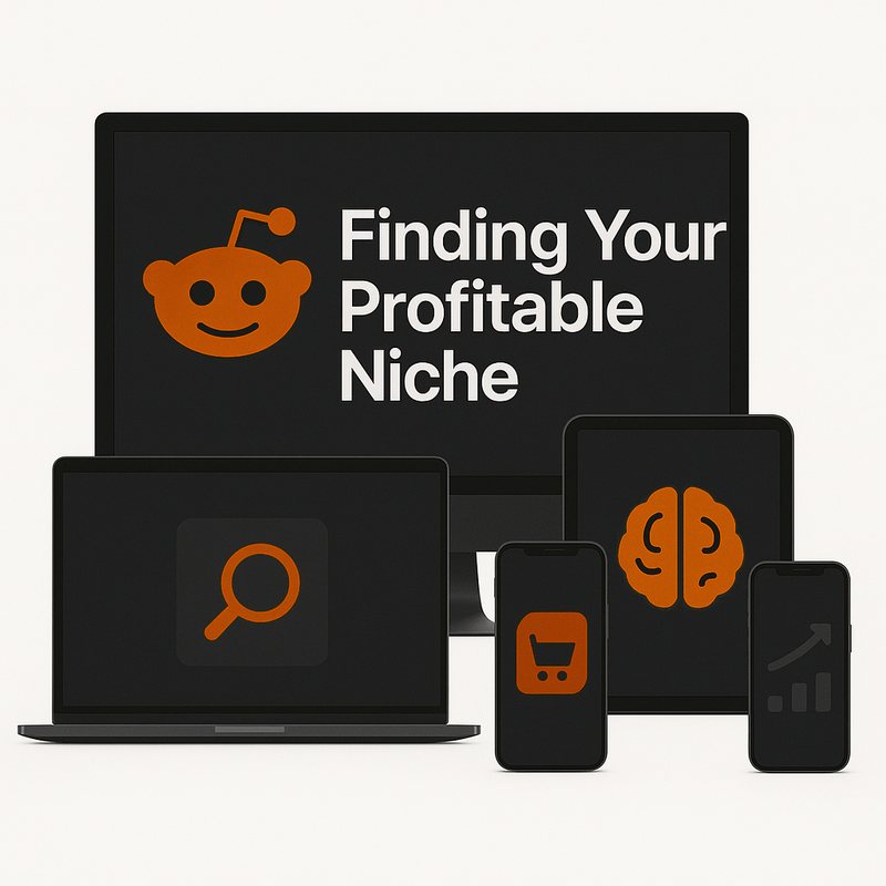 Module 1, Finding Your Profitable Niche, shown on a laptop, tablet and phone
