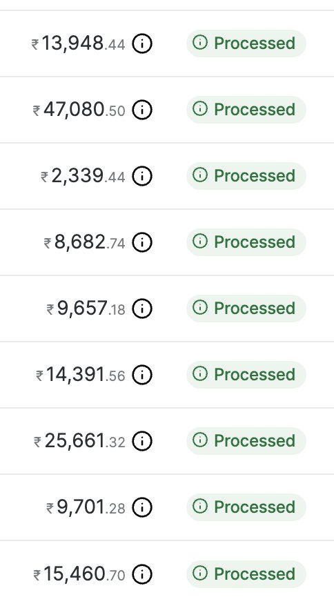 Razorpay settlements list with every payout marked processed