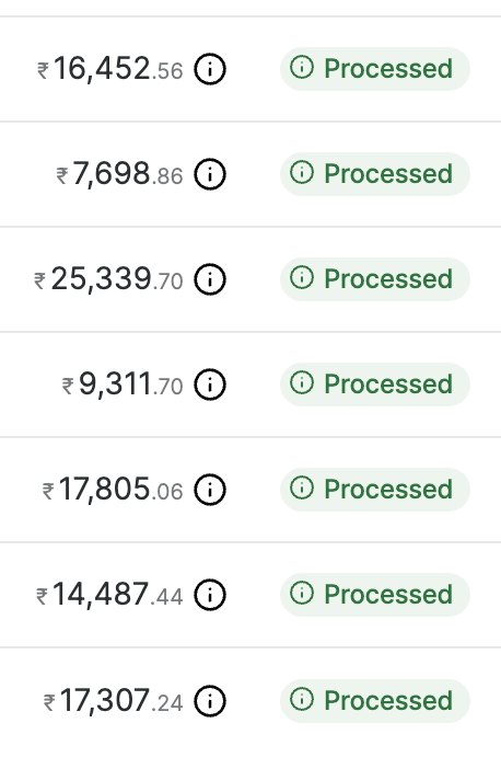 Razorpay settlements list with every payout marked processed