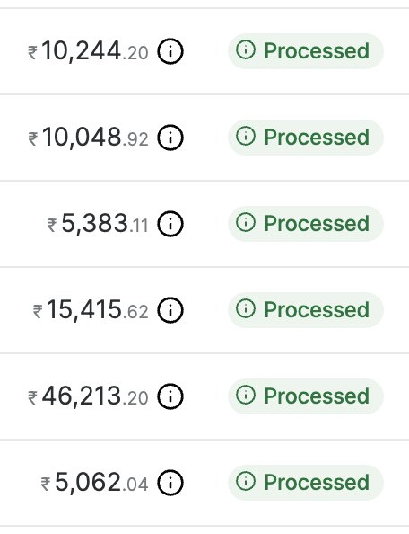 Razorpay settlements list with every payout marked processed