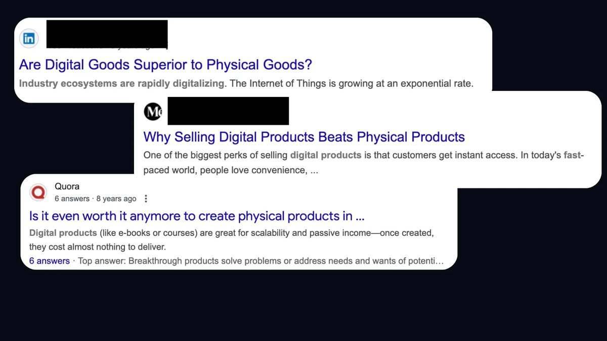 Search results asking whether digital goods are superior to physical goods