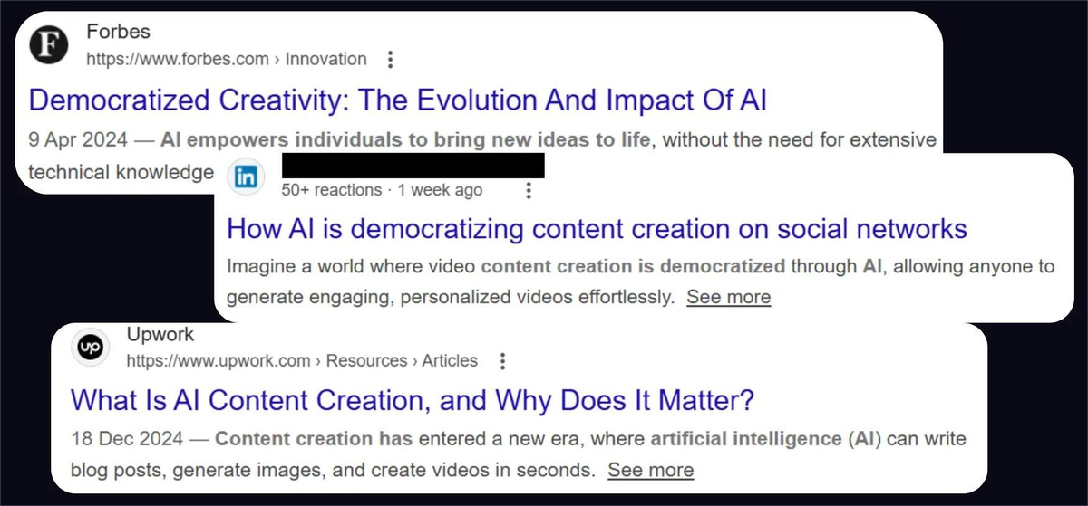 Search results about AI democratising content creation